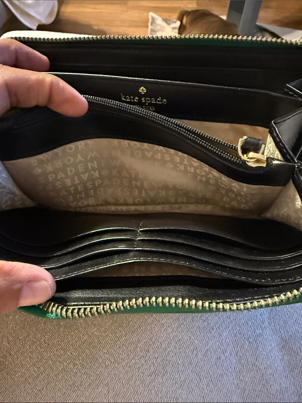 kate spade Green Patent Dot Zip Phone Wallet with Gold Plate